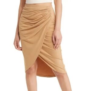 Open Edit Pull On Ruched Tulip Hem Skirt in Tan Cartouche XL NWOT